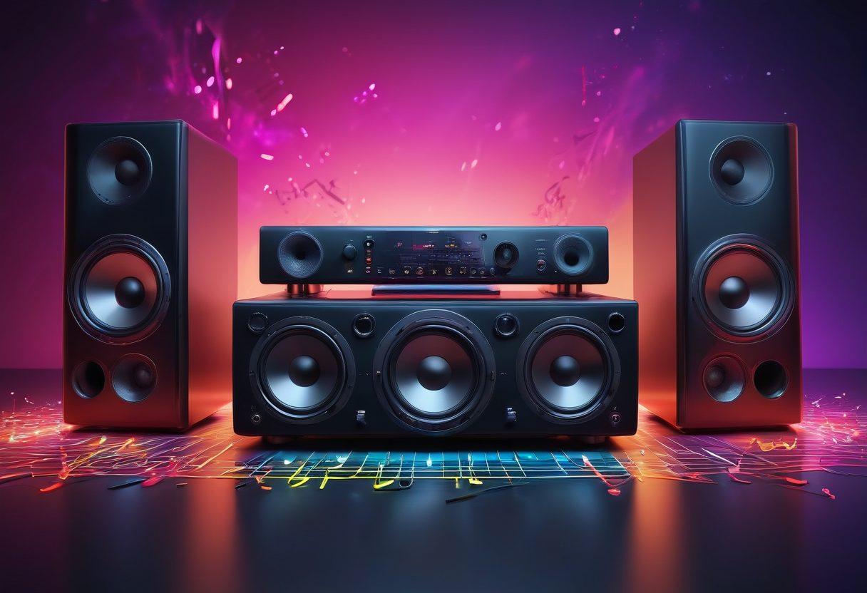 A dynamic and vibrant scene showcasing an array of high-fidelity audio equipment, including sleek speakers and headphones, surrounded by musical notes and sound waves pulsing around them. The background features a colorful concert setting with lights and silhouettes of musicians, emphasizing the energy of rock music. Bright and bold colors enhance the excitement of sound and technology. super-realistic. vibrant colors. 3D.