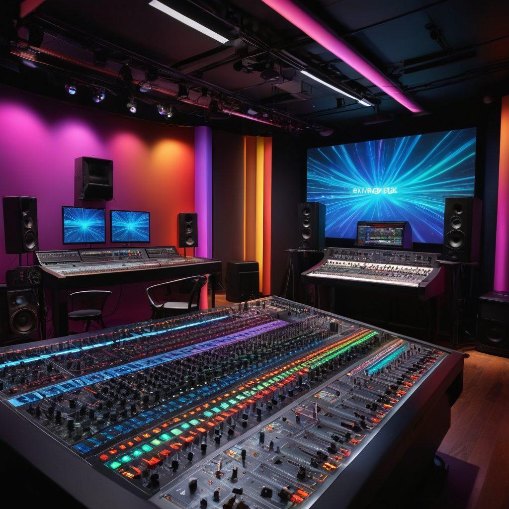 A dynamic scene showcasing a modern audio studio transitioning to a vibrant stage performance, with cutting-edge audio equipment like mixers, microphones, and speakers highlighted. The studio side is filled with colorful cables and sound waves visualizations, while the stage is alive with vivid lights, musicians, and an engaged audience. The atmosphere should convey excitement and creativity, capturing the essence of audio elevation. super-realistic. vibrant colors. cinematic lighting.