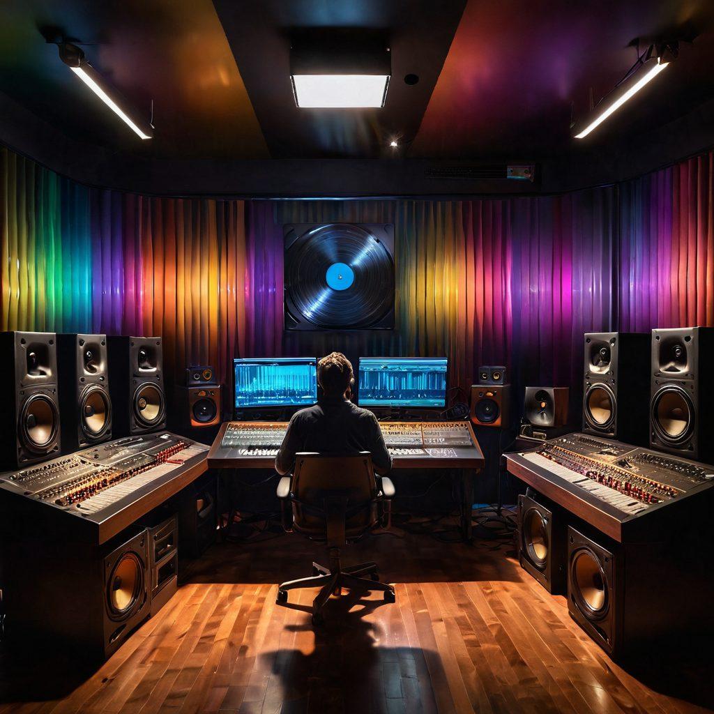 An artist in a professional recording studio, surrounded by high-end audio equipment and vibrant soundwave visuals emanating from speakers. Include a backdrop of vinyl records and a digital editing screen displaying waveforms, symbolizing sound production. The room is filled with warm ambient lighting that enhances the creative atmosphere. super-realistic. vibrant colors. 3D.